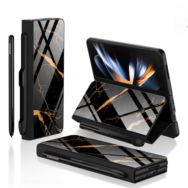 Til Samsung Galaxy Z Fold 4 Etui med S-Pen Holder Flip Plating Glas Crystal Hybrid Læder All-Inclusive Cover, med hængselbeskyttelse