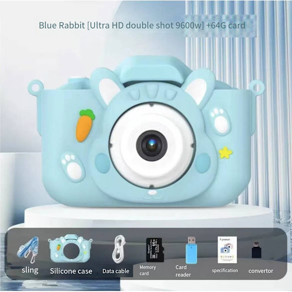 Lasten kamera, jolla voi ottaa kuvia ja videoita, lasten syntymäpäivälahjat, pieni järjestelmäkamera, sarjakuvalelut Blue Rabbit 64G Memory Card