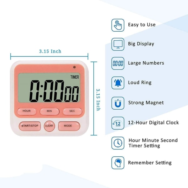 Digital kjøkkentimer, PÅ/AV-bryter, 12/24-timers klokke og stille timer, stor LCD-skjerm, høy alarm og sterk magnet (rosa)