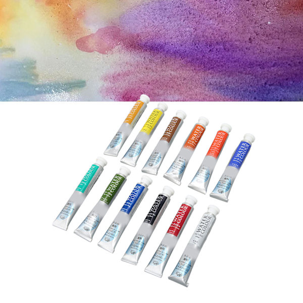 Vattenfärg 12 färger 9 ml tub ljusa levande fin transparens akvarellfärg set för konstnärsmålning
