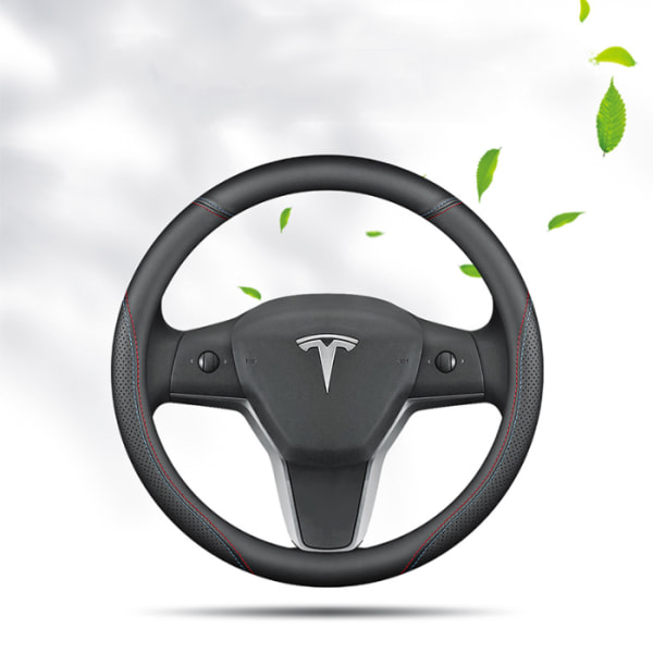 Passer til Tesla model3/y/modelx/s rattdeksel - Tesla spesial D-form (to-farget linje) med logo - 36cm/1 stk