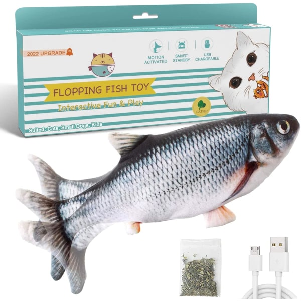 Flopping Fish 10,5", oppgradert for 2022, Moving Cat Kicker Toy, Floppy Fish Animal Toy for små hunder, Wiggle Fish Catnip Leker, Motion Kitten Toy, Karpe