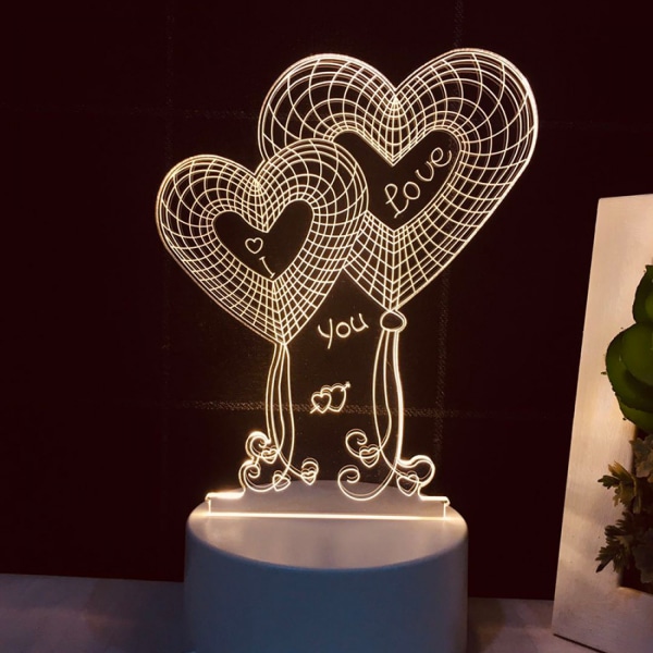 Qinwei 3D LED Nattlys Akryl Dobbel Hjertelampe Fjernkontroll 3D Illusion Lampe Valentinsdag Home Decoration Light -- Style U