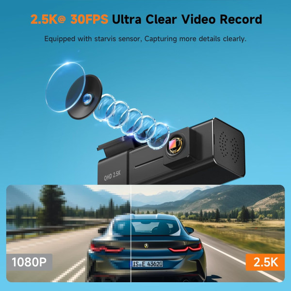 Dashcam, 2.5k 1440P WiFi Dashcams, Dashkamera för bilar med APP, Mini bilkamera, Gratis 32GB SD-kort, Nattvision, 24H parkeringsläge, G-sensor, Loo Black