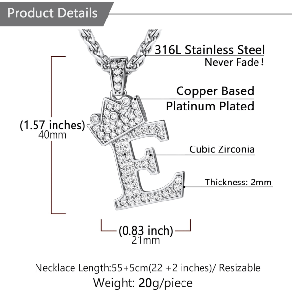 Krone Initial A-Z Halskjede, Iced Out Bokstavanheng med 22-24 Tommers Kjede, Menn Kvinner Bling Hip Hop Alfabet Navn Smykker Gave Store Initialer Halskjeder E Silver