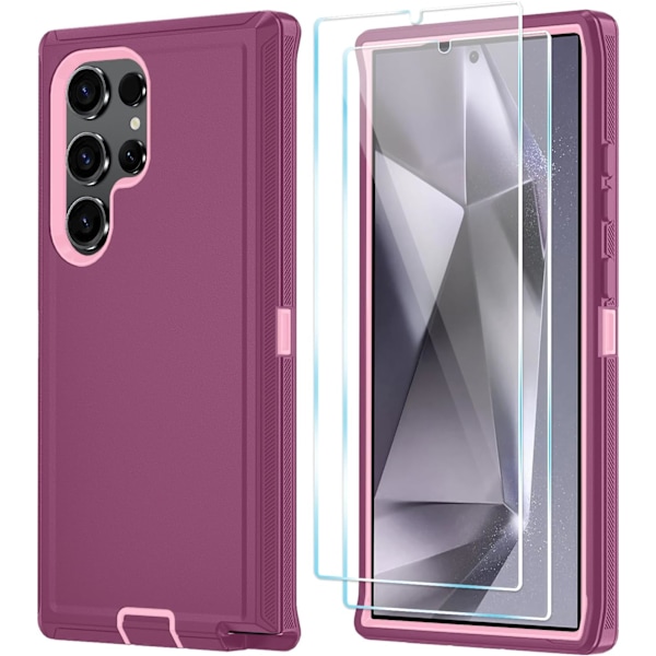Kompatibel med Samsung GaIaxy S24 Ultra 6.8 tum Skal med HD Skärmskydd, Kraftigt stöttåligt & fallsäkert 3-Lagers Telefonskydd BeltClip_WineRed