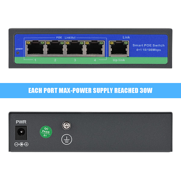 POE Power Over Ethernet -kytkin 4 portin POE   1 Uplink -portti IEEE802.3Af AT