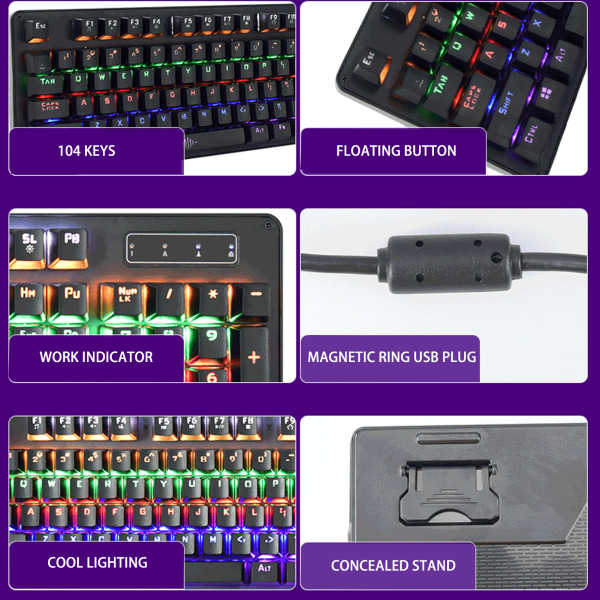 Mekanisk Gaming Tastatur med Kabel RGB Baggrundsbelyst 104 Taster ABS Blå Switch Tastatur til Computer DC 5V