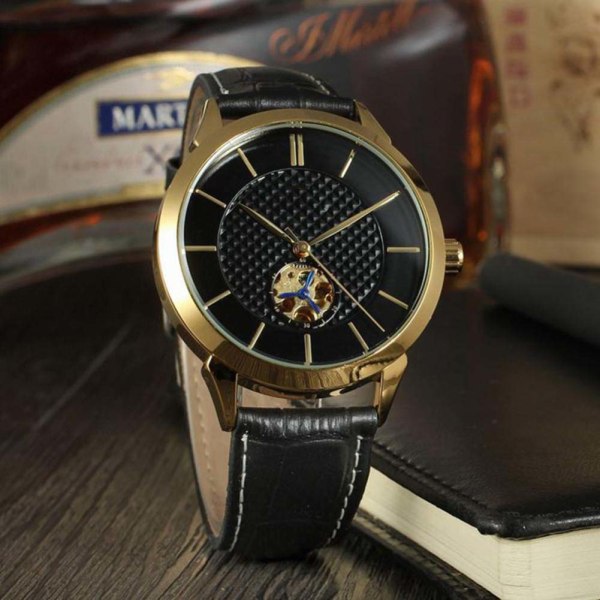 FORSINING Automatisk herrklocka i PU-läder med analog handled (svart guld)