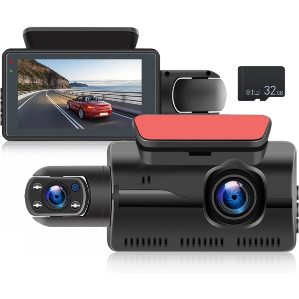 Dash Cam främre och inre kamera med 32G SD-kort, 3-tums IPS-skärm Dashboard Dubbla kameror för bilar, Night Vision, G-Sensor, Parkeringsmonitor, Motio