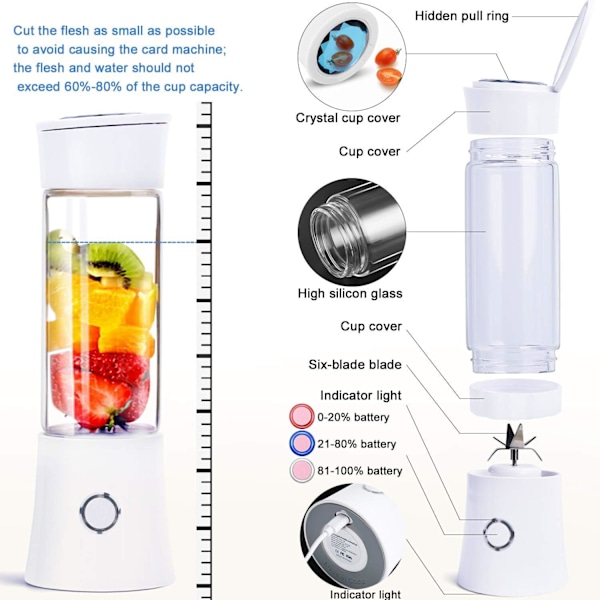 Bærbar Blender, Toycol Personlig Blender for Shakes og Smoothies med 6 Blader, 16 Oz Mini Blenderkopp med Reiselokk og USB Oppladbar White