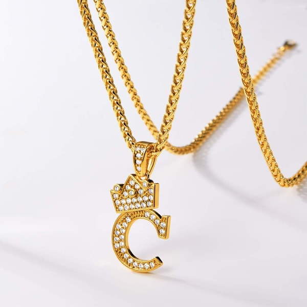 Krone Initial A-Z Halskæde, Iced Out Bogstav Vedhæng med 22-24 Tommer Kæde, Mænd Kvinder Bling Hip Hop Alfabet Navn Smykker Gave Store Initialer Halskæder C 18K Gold