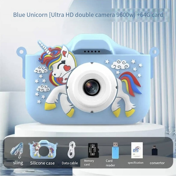 Barnkamera kan ta bilder och video Barnens födelsedagspresenter Liten SLR-kamera Seriefigurer Leksaker Blue Unicorn 64G Memory Card Kit