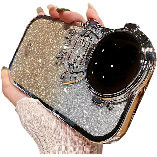 Astronaut Skjult Støtteben Telefoncover til iPhone 16 pro Kamerabeskyttelse Luksus Glitter Bling 6D Elektropletteret Klar Blød TPU Beskyttelse A Gold