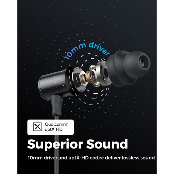 Q30 HD+ Bluetooth-hodetelefoner i-øret stereo trådløse 5.2 magnetiske øretelefoner IPX5 svettebestandige ørepropper med mikrofon for sport, immersiv bass, 10 mm drivere Black