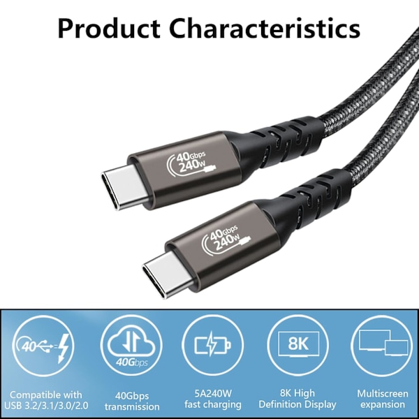 USB4 datakabel PD 240W 5A hurtigopladning USB C til USB C kabel Thunderbolt-kompatibel 4 8K@60Hz kabel USB C 40Gbps 8K@60H 1.5M