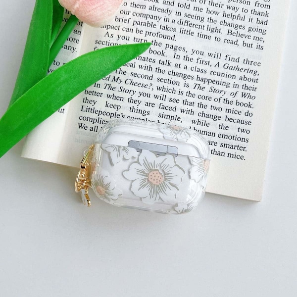 til AirPods 4. generations etui med nøglering+rensesæt, sødt klart glitter blomster blomsterbeskyttende høretelefoncover, blødt gennemsigtigt white floral Airpods4
