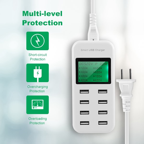 5V/8A Output Smart 8-port USB-oplader Samtidig 8-port opladning Smart USB-hub med LED