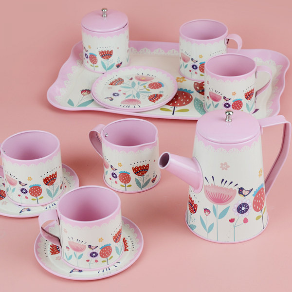 Tesett for barn, rosa blikk teselskap sett for små jenter, teselskap sett for småbarn, leketøy servise prinsesseleker