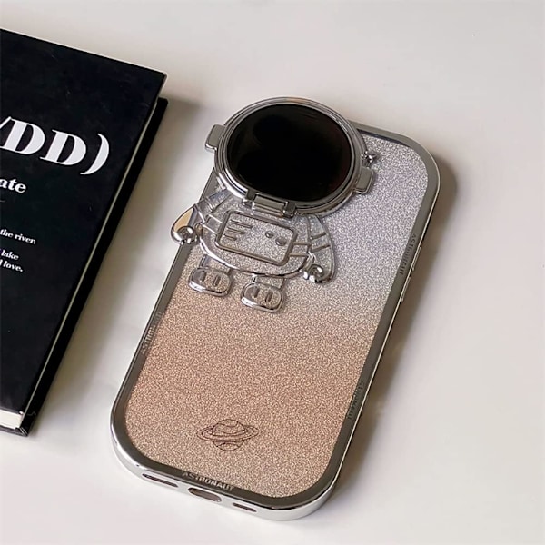 Astronaut Skjult Stativ Telefondeksel for iPhone 15 Kamerabeskyttelse Luksus Glitter Bling 6D Elektroplettert Klar Myk TPU Beskyttelse A Gold