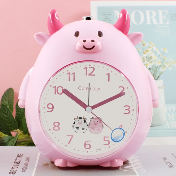 SAYTAY børnevækkeur, tegneserievækkeur Cute cow alarm night light, student børns hjem dekoration skrivebordsur (pink)