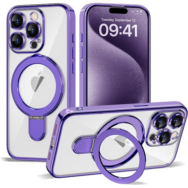 IPhone 15 Pro Max Cover med Usynlig Magnetisk Ringstøtte [Kompatibel med Mag-Safe] [Fuld Kameralinsebeskyttelse] Belægning Klar til Purple