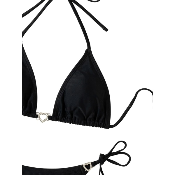 WJSM Kvinners Halterneck Tie Side Triangle Bikini Set Høy Cut 2 Piece Bikini Badedrakt Rhinestone Black XL