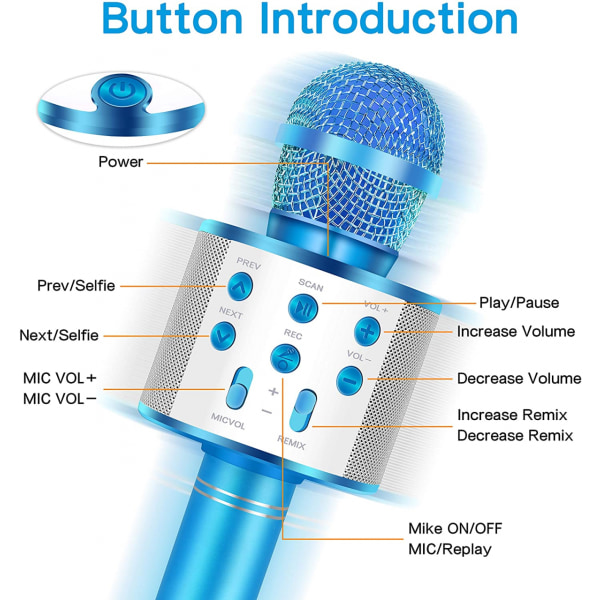 Håndholdt Bluetooth Karaoke Mikrofon - Bursdag Morsomme Sang Leke for Barn 3 4 5 6 7 8 9 10 År Gamle Jenter og Gutter (Blå) Besøk IJO Butikken