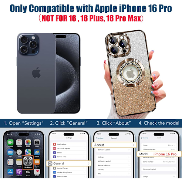 Misscase för iPhone 16promax Magnetiskt Glitter Skal Kompatibelt med MagSafe, Fullt Skydd Slim Stöttåligt Anti-Rep Skal med Ca gold