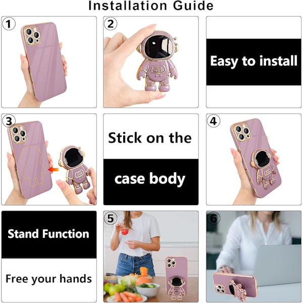 iPhone 16 Pro -kotelo, Söpö 3D Astronauti Jalusta [2 Näytönsuojaa] [Kameran Suojaus] Tukijalka Iskunkestävä Bling Silikoni So Purple