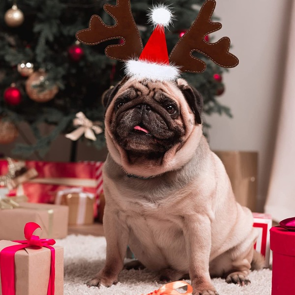 Jul Hunde Elk Rådyr Gevir Hovedbøjle Julemand Hat Cap Kæledyr Jul Kostume Hovedbeklædning Justerbart Tilbehør til Kat og Hvalp Lille Hund