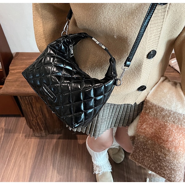 Pendlerhåndveske broderi diamantgitter enkel skulder crossbody veske tekstur stor kapasitet veske dame