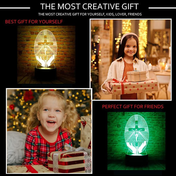 Attivolife Kristus Jesus Kors 3D Optisk Illusjon LED Soverom Dekor Søvn Nattlys med Fjernkontroll 7 Farger Bordlampe Bursdag Kristen Gave til Reli