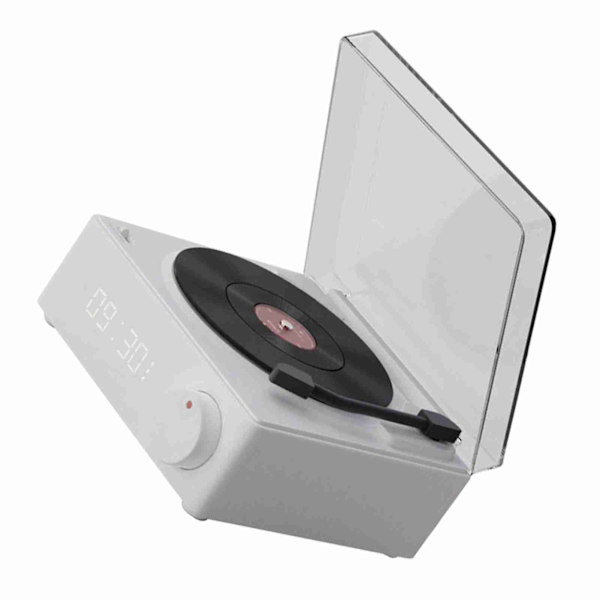 Roterande vinyl-skiv-alarmklocka Högtalare Retro 360 graders stereohögtalare Trådlös klocka Bluetooth-högtalare för hem sovrum kontor Vit