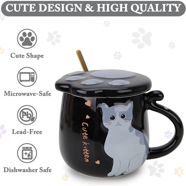 Söt katt kaffemugg, keramisk te mjölk kopp med söt katt lock och rostfritt stål sked, 14oz/420ml Jul födelsedagspresent Svart
