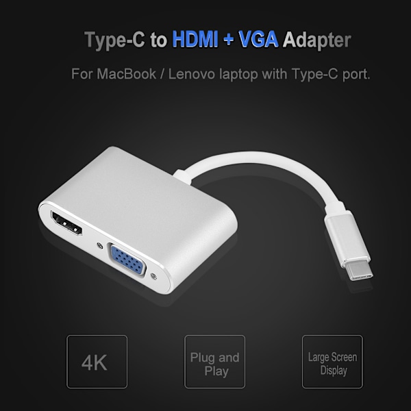 Typ-C till HDMI VGA-adapter 4K 1080P-konverter Dubbelskärmsvisning för MacBook Typ-C-bärbar dator