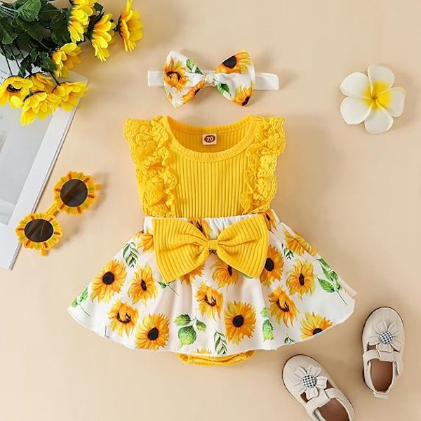 Sommarkläder för babyflickor Ärmlös spetsblommig romperklänning Nyfödd outfit 100cm