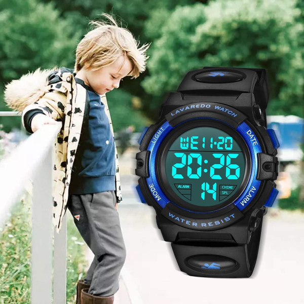 Barnklocka, pojkklocka för 6-15 år gamla pojkar, digital sport utomhus multifunktionell kronograf LED 50M vattentät larm kalender analog klocka（Blå）