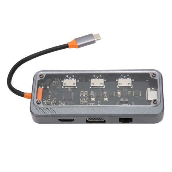 Type C Hub PD-lading USB 3.0 2.0 RJ45 Nettverk Transparent Shell Multiport Dokkingstasjon for Bærbar PC TV 10 i 1 Gigabit Ethernet Port