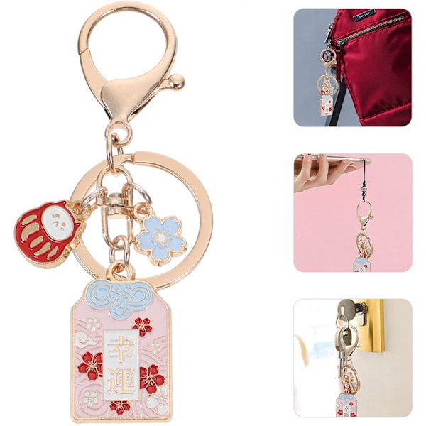 Nøglering med Maneki Neko - japansk lykkekat - til bil, pung, rygsæk, håndtaske - fødselsdagsgave - Dharma Guard-mønster