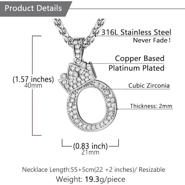 Krone Initial A-Z Halskæde, Iced Out Bogstav Vedhæng med 22-24 Tommer Kæde, Mænd Kvinder Bling Hip Hop Alfabet Navn Smykker Gave Store Initialer Halskæder O Silver