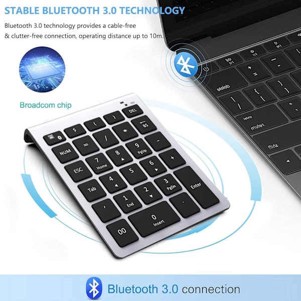 Bluetooth-numeronäppäimistö, kannettava langaton Bluetooth 28-näppäimen numeronäppäimistö näppäimistölaajennukset taloushallinnon tietojen syöttöön