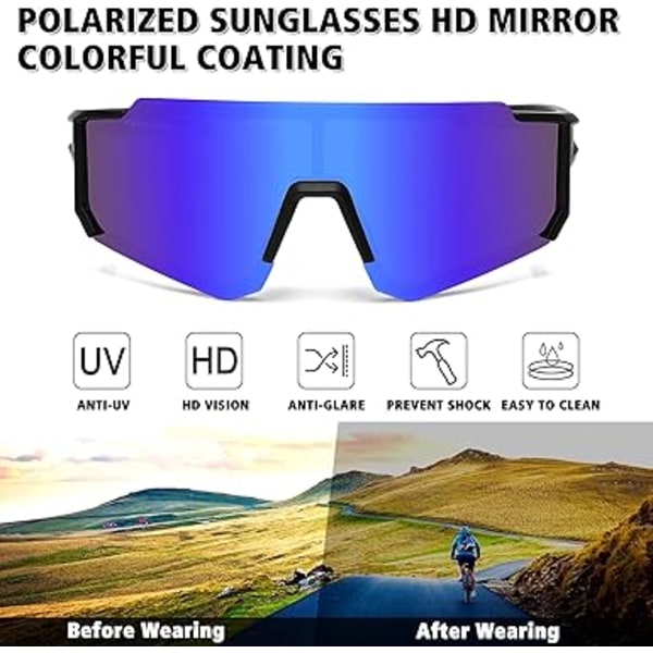 Polariserede sports solbriller til mænd og kvinder, kørsel fiskeri cykling mountainbike solbriller UV400 beskyttelse Black Frame-blue Mirror Lens