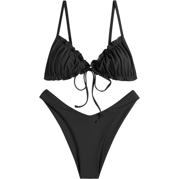 WJSM Damtriangelbikini med blommiga volanger och rosettband B-black M