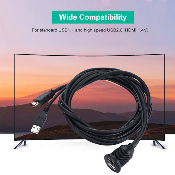 2m USB 2.0 HDMI-videoförlängningskabel hane till hona Hållbar bil USB-förlängning