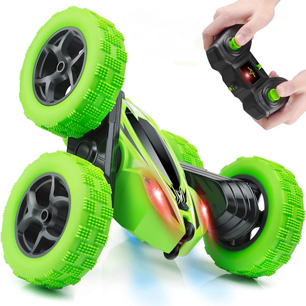 Fjärrkontrollbil, RC-bilar Stuntbil Leksak, 4WD 2.4Ghz Dubbelsidig 360° Roterande RC-bil med strålkastare, Barnens Jul Leksaksbilar för Pojkar/Flickor (Grön)