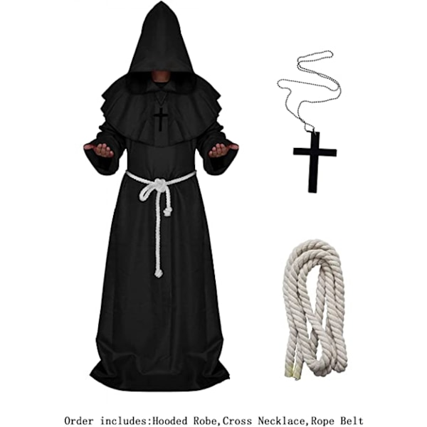 JUSTUP Halloween Cosplay Kostym Kappa Friar Medieval Huva Munk Renässans Präst Robe Kostym Cosplay（Svart，Storlek L）