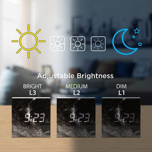 Marmor mönstrad väckarklocka, Fashion Multi-Function LED väckarklocka kub med USB-strömförsörjning, röststyrning, timer, termometer - Svart