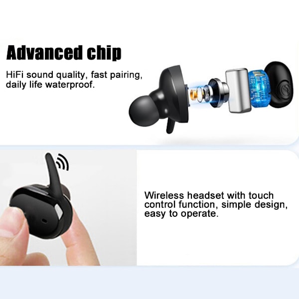 TWS Mini Vattentät Bluetooth Headset Trådlös Touch Control Sport Hörlurar HeadsetSvart