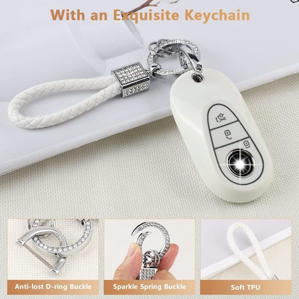 PIFOOG Nyckelskydd för Benz Bling Nyckelring 3 Knappar TPU Nycklar Fob Fodral Skydd Tillbehör för 2021-2022Benz S C SL Klass Girly Kvinnor Vit Silver